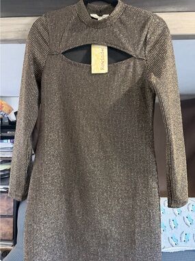 Kohl's Black and Gold Metallic Ribbed Long Sleeve Dress